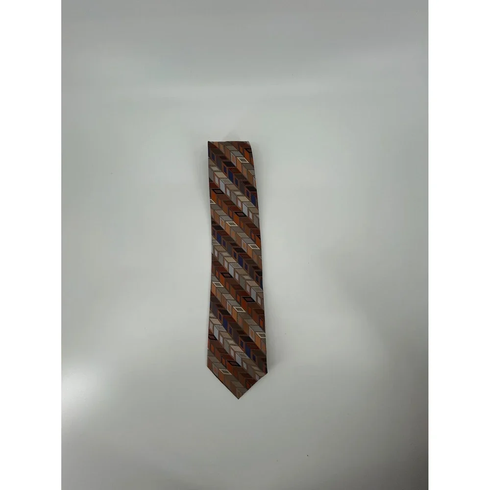 Crazy Horse Claiborne Mens Brown Orange Geometric Chevron Silk Blend Necktie
